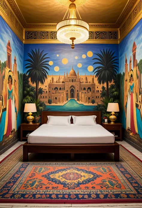 (art in the style of claude monet) of a queen from ancient egypt, set in ancient egypt era, in Scented Chamber, Intimate room filled with the heady aroma of burning incense, intricately painted murals depicting scenes of beauty and fertility, cushions scattered on the floor for lounging, a small fountain trickling in the corner, and soft music playing in the background , at night, award winning, very aesthetic
