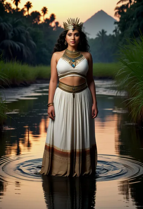 (medium full shot) of (angelic young woman:1.1) queen from ancient egypt, black hair, wavy hair, brown eyes, curvy, tan skin, egyptian makeup,             wearing Jewel-encrusted linen halter-neck top with celestial motifs, linen skirt with starry sky print, celestial crown, beaded sandals,  smiling at the viewer,  set in ancient egypt era, in  Crocodile Marsh, Ominous swamp with murky waters and dense foliage, eerie silence broken only by the occasional splash or rustle, warning signs posted by the authorities, and brave souls venturing in to hunt the dangerous predators , ,Masterpiece,best quality, photorealistic, amazing quality, very aesthetic, extremely detailed face,