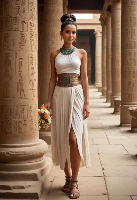 (medium full shot) of (gorgeous queen from ancient egypt) young woman, lithe build, black hairbun hair, brown eyes, tan skin, egyptian makeup, wearing Linen halterneck top with beaded trim, linen skirt with pleated layers, jeweled belt with scarab buckle, sandals adorned with turquoise stones, set in ancient egypt era, in Temple Pier, Sacred site with priests performing rituals, worshippers bathing in the holy waters, offerings of flowers and incense floating downstream, and hieroglyphs adorning the walls of nearby temples , smiling at the viewer, Masterpiece,best quality, photorealistic, amazing quality, very aesthetic, extremely detailed face,