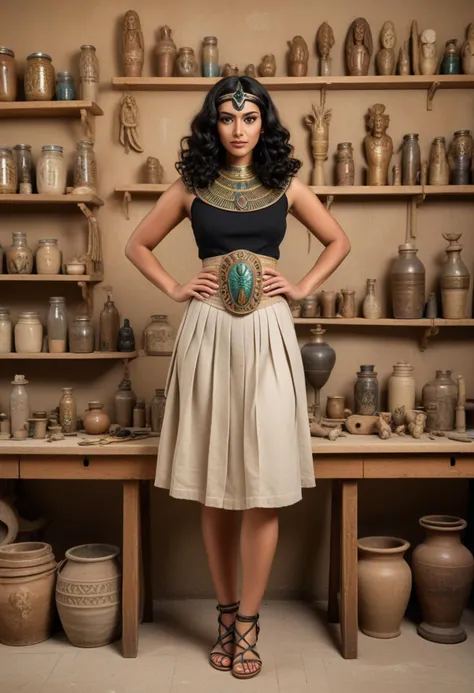 (medium full shot) of (esthetic queen from ancient egypt) young woman, busty build, black wavy hair hair, brown eyes, tan skin, egyptian makeup, wearing Pleated linen bodice with scarab beetle appliques, linen kilt with fringe hem, golden snake armband, leather sandals with lotus flower adornments, set in ancient egypt era, in  Workshop, Dusty area with wooden workbenches, tools neatly hung on the walls, piles of raw materials like wood and clay, unfinished sculptures, and shelves holding jars of pigments , surprised, open mouth, running toward the viewer, Masterpiece,best quality, photorealistic, amazing quality, very aesthetic, extremely detailed face,