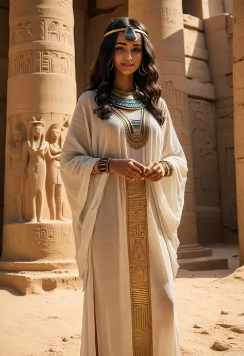 (medium full shot) of (angelic queen from ancient egypt) young woman, lithe build, black wavy hair hair, brown eyes, tan skin, egyptian makeup, wearing Sheer linen tunic with hieroglyphic motifs, pleated silk skirt with cow tail detail, sandals with woven toe caps, gold snake armband anklets adorned with precious stones gold bangle bracelets, holding a papyrus scepter, set in the ancient egypt era, in Necropolis of Giza, Sacred burial ground dotted with monumental pyramids and solemn tombs, where priests perform rites for the departed amidst the eternal silence of the desert , at night, woman smiling, detailed face, ,Masterpiece,best quality, photo, realistic, very aesthetic