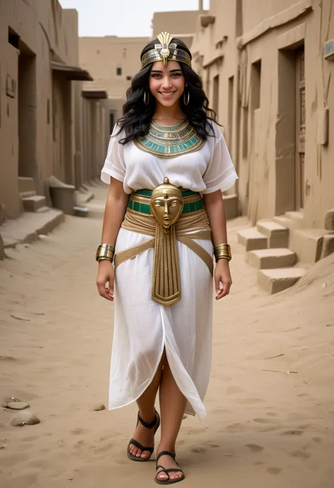 (medium full shot) of (esthetic queen from ancient egypt) young woman, Average build, black wavy hair hair, green eyes, tan skin, egyptian makeup, wearing scarab beetle crown, Sheer linen tunic with embroidered lotus motif,  linen wrap skirt with gold embroider,  sandals with lotus flower details, anklets adorned with precious stones golden armlet with ankh symbol embroidered belt with falcon buckle, carrying the was scepter,  set in the ancient egypt era, in  Riverbank Village, Quaint settlement with mud-brick houses clustered along the shore, people playing in the shallows, women washing clothes in the river, the sound of laughter echoing through the streets , at night, woman smiling, detailed face, ,Masterpiece,best quality, raw photo, realistic, very aesthetic