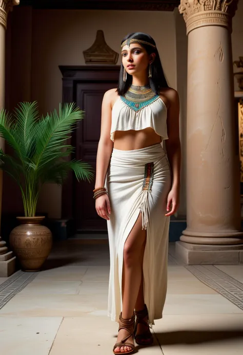 (medium full shot) of (vivacious young woman:1.1) queen from ancient egypt, black hair, straight hair, brown eyes, slender, tan skin, egyptian makeup,             wearing Linen halter-neck top with intricate beadwork, linen skirt with fringe hem, beaded collar necklace, woven palm leaf sandals,  surprised, open mouth, pointing her finger at the viewer,  set in ancient egypt era, in  pyramid, Offering Room, Spacious area with stone altars displaying offerings of food and drink, statues of gods and goddesses standing guard, flickering oil lamps illuminating the space, fragrant flowers arranged in vases, and a sense of divine presence lingering in the air , ,Masterpiece,best quality, photorealistic, amazing quality, very aesthetic, extremely detailed face,