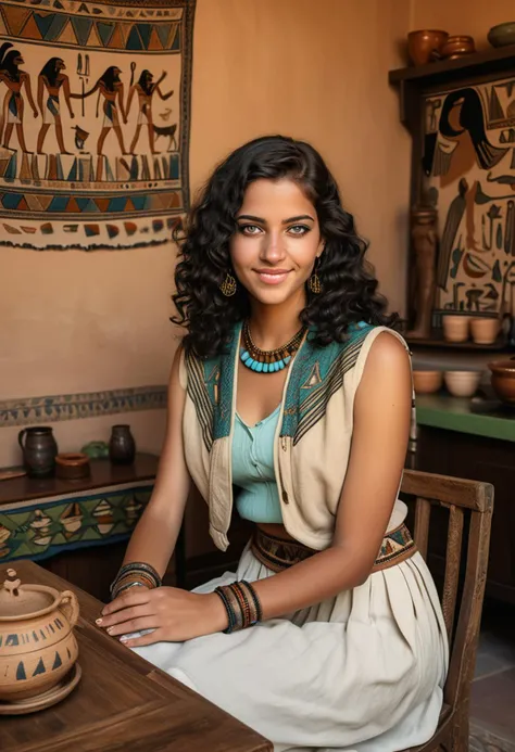 (medium full shot) of (esthetic queen from ancient egypt) young woman, Medium build, black wavy hair hair, green eyes, tan skin, egyptian makeup, wearing Embroidered linen vest with falcon motifs, shendyt silk skirt with cow tail detail, leather sandals with turquoise stones, gold bangle bracelets anklets adorned with precious stones, set in the ancient egypt era, in Dining Area, Welcoming room with a low table surrounded by cushions for seating, clay dishes filled with food, decorative pottery on display, woven tapestries adorning the walls, a central hearth for cooking , at sunset, woman smiling, detailed face, ,Masterpiece,best quality, raw photo, realistic, very aesthetic