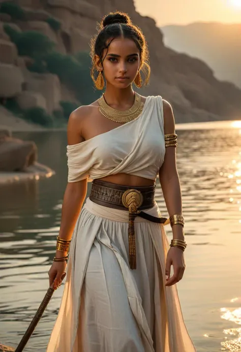 (medium full shot) of (gorgeous queen from ancient egypt) young woman, Average build, black hairbun hair, brown eyes, tan skin, egyptian makeup, wearing Linen crop top with beaded fringe, pleated linen wrap skirt with crocodile motif, beaded sandals with serpent details, golden armlet with ankh symbol gold bangle bracelets embroidered belt with falcon buckle, set in the ancient egypt era, in Ferry Crossing, Essential passage connecting villages on opposite banks, ferryman guiding his vessel with a long pole, passengers chatting animatedly, livestock being herded aboard , at sunset, woman smiling, detailed face, ,Masterpiece,best quality, photo, realistic, very aesthetic