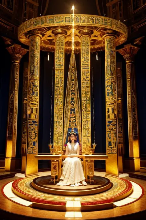 (otherworldly), highly insanely detailed, masterpiece, top quality, best quality, highres, 4k, 8k, RAW photo, (very aesthetic, beautiful and aesthetic),  
(lovely queen from ancient egypt) young woman, tiny build, black hairbun hair, brown eyes, tan skin, egyptian makeup, wearing ornate gold diadem, Linen bandeau top with woven straps,  linen wrap skirt with metallic thread accents, jeweled sandals with gemstones, anklets adorned with precious stones,golden armlet with ankh symbol,semi-precious stones collar necklace,  set in the ancient egypt era, in pyramid, Ritual Chamber, Sacred space with an altar at the center, ceremonial objects arranged with precision, flickering torches casting eerie shadows, murals depicting religious ceremonies, the faint scent of burning incense permeating the air , 
âââ