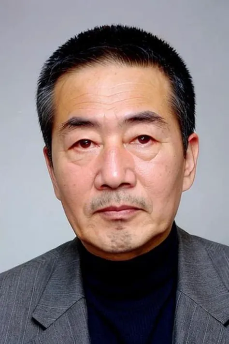 best quality, masterpiece, Asian men,mole, solo, lips, grey_background, mole_under_eye, realistic, upper_body, looking_at_viewer, black_hair, brown_eyes, sweater, forehead, nose, turtleneck, old man, 65 yeas old, <lora:duyulu:0.8>
