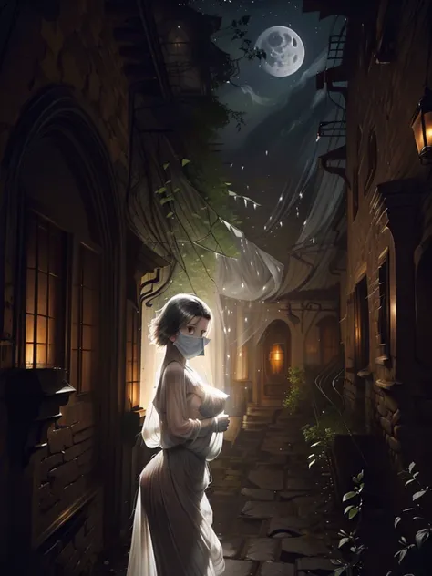 (((medium long shot)))nsfw photo of a 30 years old ghost (((facing side head turned Looking at viewer over shoulder,small waist, medium hips, (big natural breast:1.25) sideboob),)) (((background A secluded courtyard with a singing nightingale)))), (see-through:1.4)ghost costume, , night, moon, head and face covered by ghostly veil
<lora:md:0.8>ghost, <lora:Silhouette:0.8> silhouette, light particles,