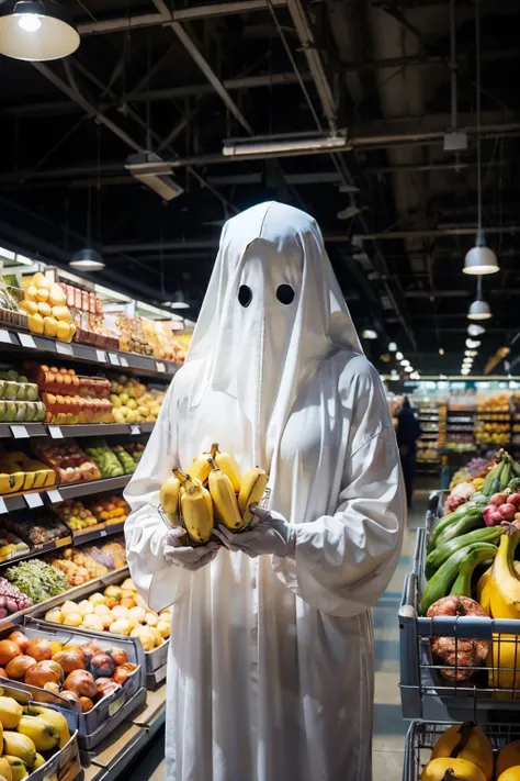 woman, wearing ghost costume, upperbody shot standing, inside grocery store, fruit aisle, holding bananas, bright lighting, extreme detail, masterpiece,  <lora:md:.8>