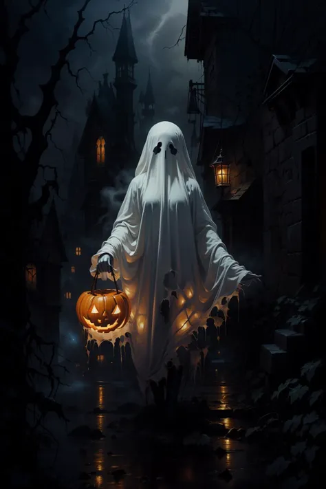 woman, adult, solo, night village, stars, fog, gothic and Halloween atmosphere, masterpiece, high quality, best quality, detailed, perfect lighting, detailed face, detailed body, (detailed eyes), clear eyes, colorful, full body, <lora:md:0.8>, ghost, ghost costume