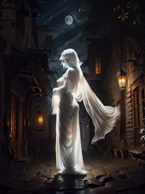 (((medium long shot)))nsfw photo of a 30 years old ghost (((facing front leaning back Looking at viewer, small waist, medium hips, (big natural breast:1.25) ),)) (((background A secluded courtyard with a singing nightingale)))), (see-through:1.4)ghost costume, , night, moon, head and face covered by ghostly veil
<lora:md:0.8>ghost, <lora:Silhouette:0.8> silhouette, light particles,