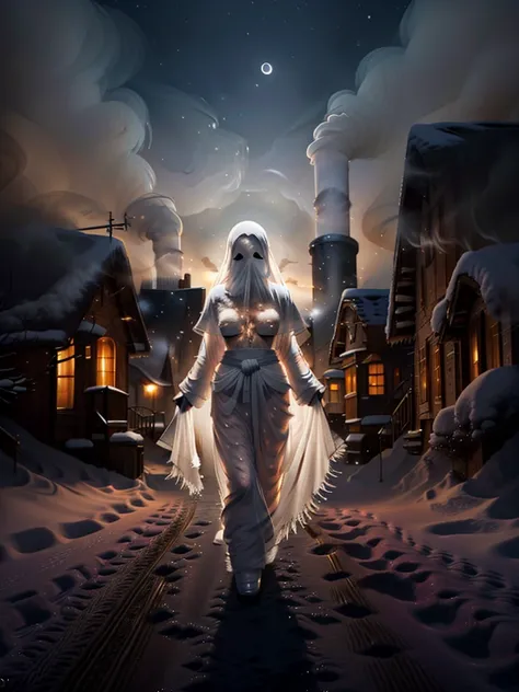 (((medium long shot)))nsfw photo of a 30 years old ghost (((facing front Looking at viewer, small waist, medium hips, (huge natural breast:1.25) ),)) (((background A snow-covered village with smoke rising from chimneys)))), (see-through:1.4)ghost costume, , night, moon, head and face covered by ghostly veil
<lora:md:0.8>ghost, <lora:Silhouette:0.8> silhouette, light particles,