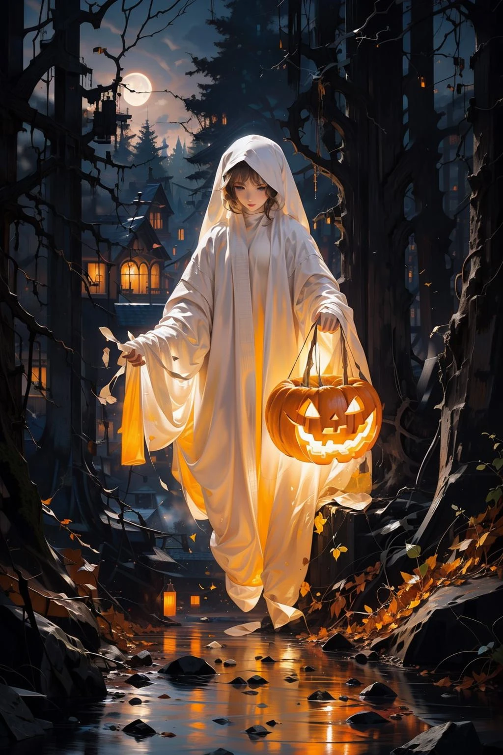 masterpiece,best quality,ultra-detailed,photorealistic,realistic,photography,1girl,ghost,ghost costume,pumpkin,forest,night,moon,<lora:å¹½çµè£
:0.7>,