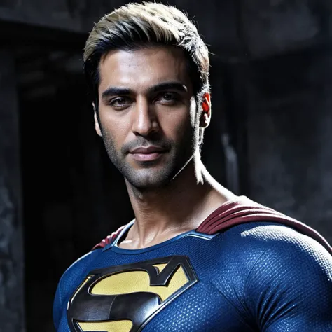 Hyperrealistic art photo of Sacha Dhawan a man, blonde hair, wearing a superman outfit, at arkham city, looking at viewer,  <lora:Kushal-Punjabi_Sacha-Dhawan:.9> . Extremely high-resolution details, photographic, realism pushed to extreme, fine texture, incredibly lifelike