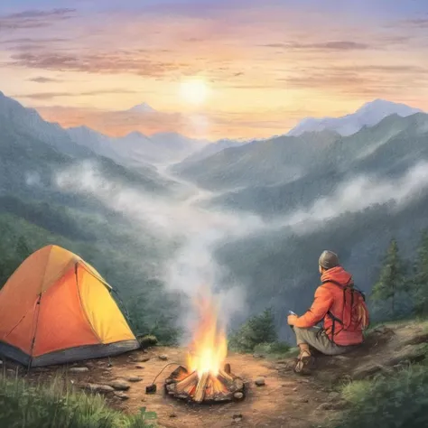 traditional media,((best quality))), ((masterpiece)),mountains, misty, sunrise, hiking trail, backpacker, tent, campfire, nature sounds
