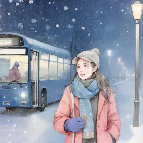 traditional media,((best quality))), ((masterpiece)),1girl, winter night, bus stop, waiting for the bus, warm clothes, hat, scarf, gloves, cold expression, streetlights, snowflakes, quiet atmosphere