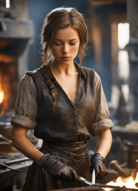 highly detailed analog photo of weaponsmith:1.2, realistic, depth of field, blurry background, 
1girl, short hair, black gloves, brown hair, closed eyes, fireplace, forge, gloves, holding tool, knife, lips, looking at viewer, skirt, solo, weaponsmith, workbench, working realistic:1.3, 
masterpiece, best quality:1.1, 
(analogue photography:1.2), <lora:RPGWeaponsmithXL:0.8>,