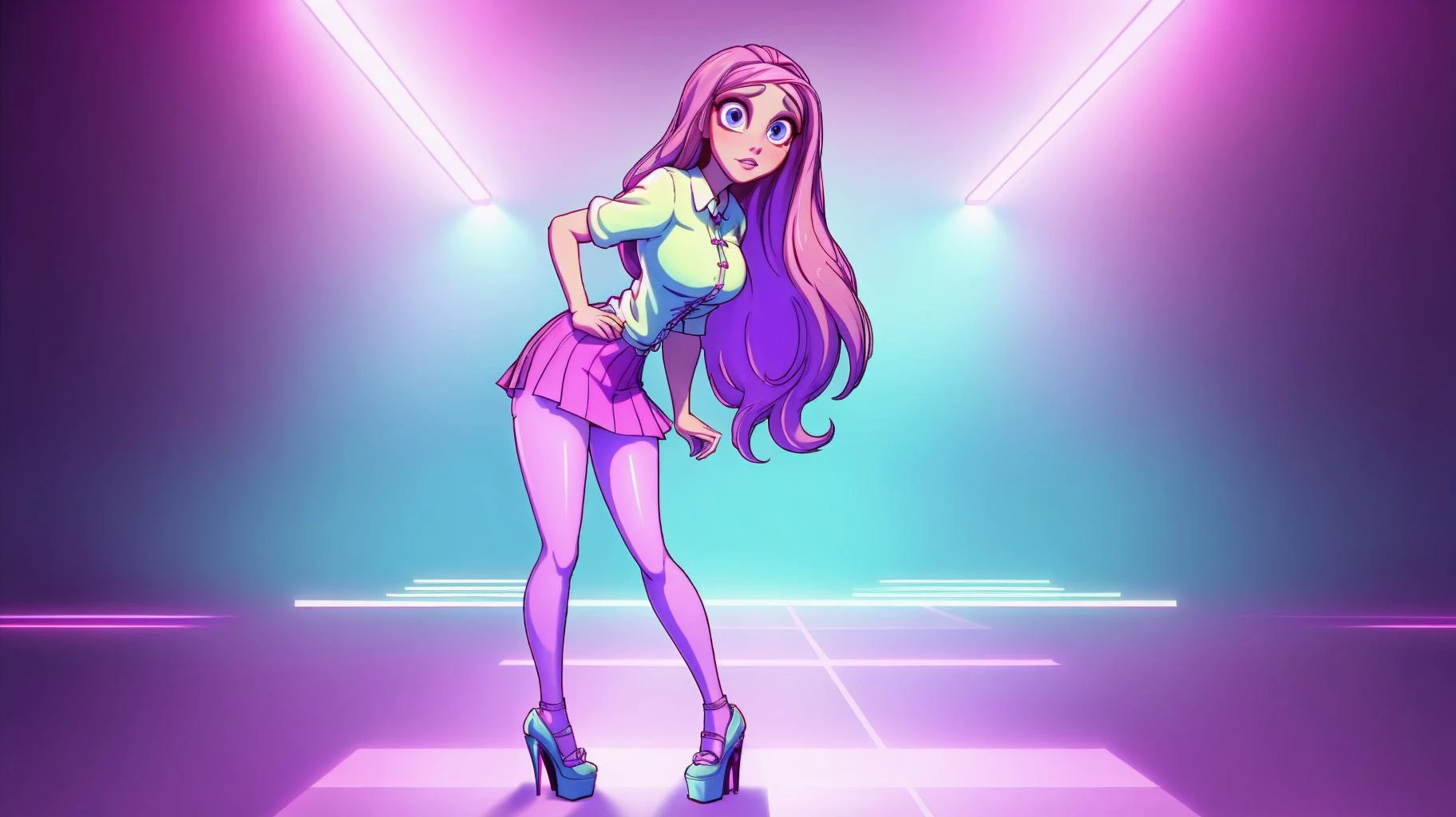 1girl, <lora:VRAMsHoneyLemon640E2:0.8>,xyzhoneylemon, mature female, office lady, skirt, shirt, thighhighs, high heels, legs apart, <lora:RetrowaveTech-20:0.8>,retrowavetech, virtual, vaporwave, wirefrme , scifi, <lora:gigatitums:0.3>large breasts,, (8k, masterpiece, best quality, ultra-detailed), (an extremely delicate and beautiful)kawaii, cute, very big eyes, Aesthetic Anime Eyes, small face, large breasts, cinematic lighting, , Intricate, High Detail, Sharp focus, dramatic, masterpiece, best quality, ultra-detailed,