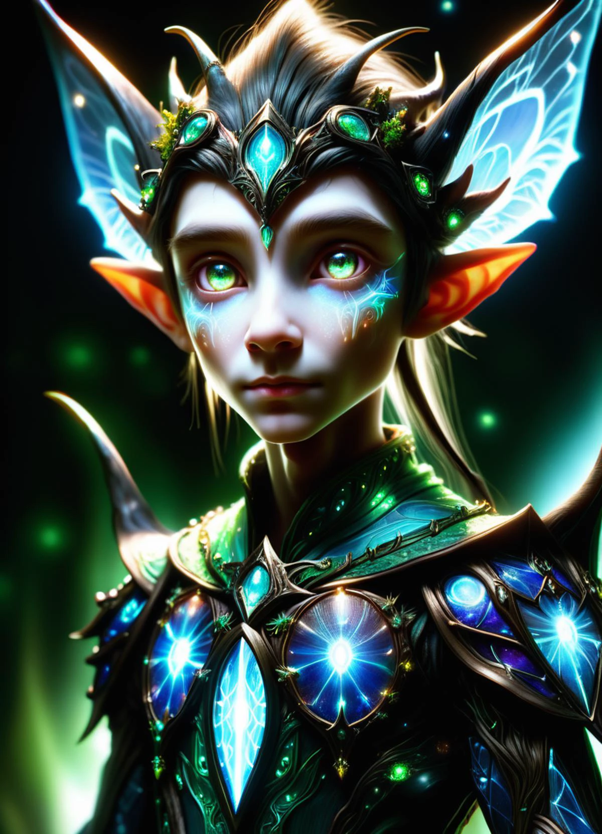 hyper detailed masterpiece, dynamic, awesome quality,DonMT3chW0rldXL male changeling, tiny fairy elf like creature, , otherworldly ethereal glow, distinctive captivating eyes, facial features that convey an otherworldly charm, supernatural abilities elf like pointed ears, enchanted ethereal clothing, innocent , tech, scifi, <lora:DonMT3chW0rldXL-000009:1>,