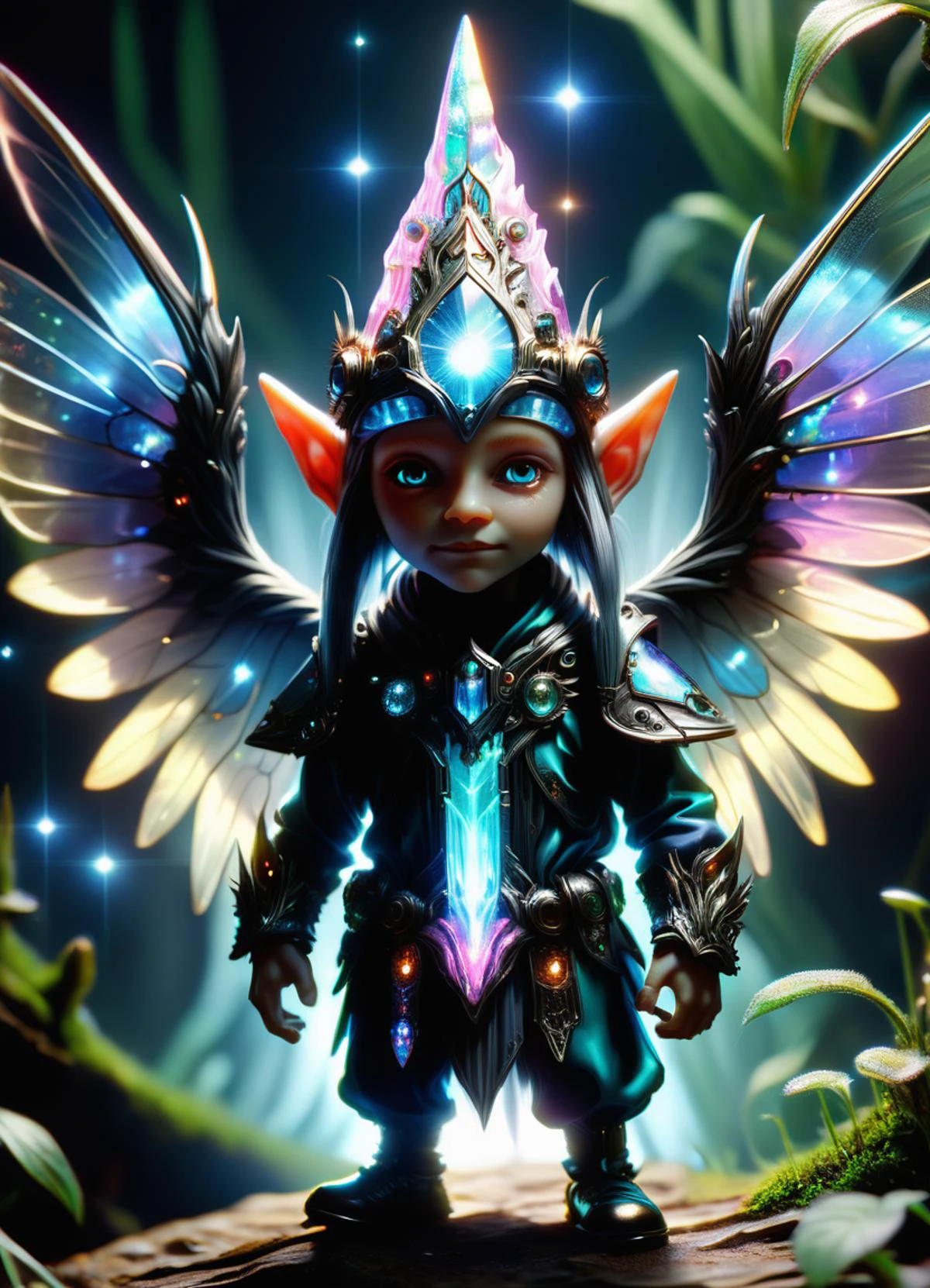 hyper detailed masterpiece, dynamic, awesome quality,DonMT3chW0rldXL gnome, tiny humanoid creature, delicate ethereal appearance, transparent iridescent wings, pointed ears, playful mischievous expression, colorful clothing, magical accessories, nature realm, benevolent, eroding,enthusiastic,polychromatic,cultural,rancid,auric,harrowing,minimalist , tech, scifi, <lora:DonMT3chW0rldXL-000009:1>,