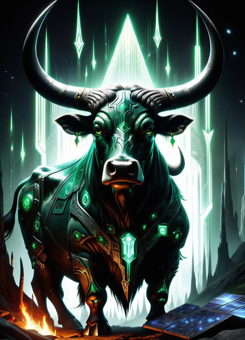 hyper detailed masterpiece, dynamic, awesome quality,DonMT3chW0rldXL male minotaur, mythical creature, body of a woman, cow tail, bull horns, cow spots, gentle, friendly, large breasts, greek mythology, ageless curvy, indigenous peoples of the america, steel gray eyes, round ears, u-shaped chin, high jawline, cute navel, the klingon , emerald green slicked-back undercut hair, disapproval, unleashing a barrage of enchanted arrows, arrows glowing with magic, quantum sorcerer, psychic powers, raypunk , tracing glowing sigils in the air with fingertips, activating magic, halo, astral archive of ancient wisdom, concrete tiles roof,prefabricated materials,granite,steel, outdoor fire pit,northern lights, gas lanterns (outdoor)', tech, scifi, <lora:DonMT3chW0rldXL-000009:1>,