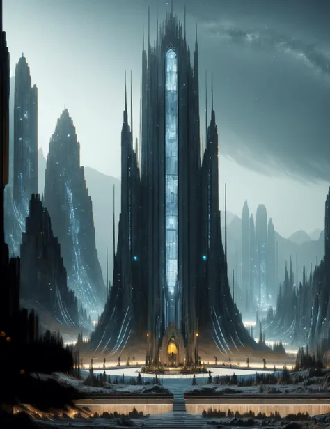 hyper detailed masterpiece, dynamic, awesome quality,DonMT3chW0rld extraterrestrial federation embassy, quartzite stone, bollard lights,campfires, footlighting, tech, scifi, <lora:DonMT3chW0rld-000009:0.85>,