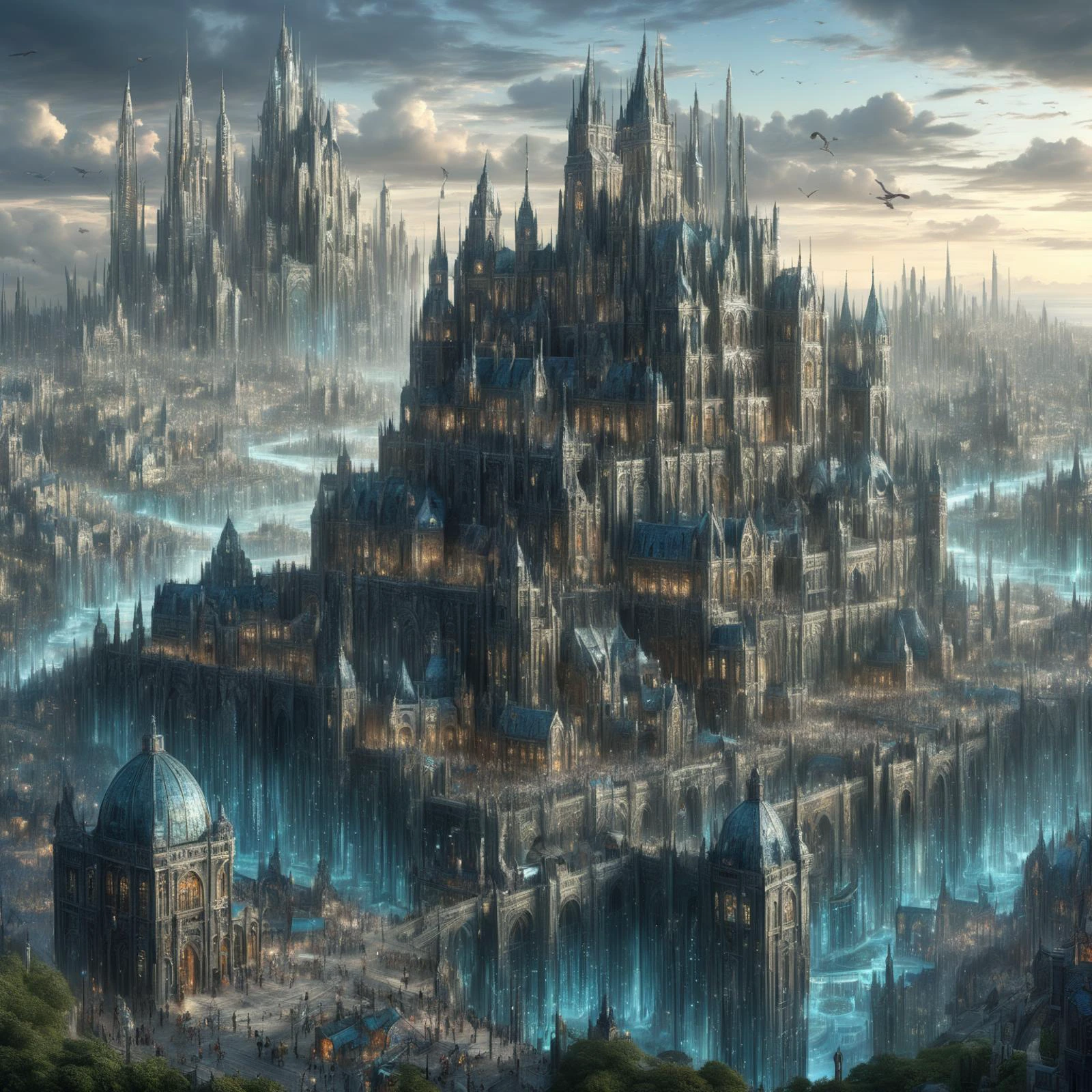 hyper detailed masterpiece, dynamic, awesome quality,DonMT3chW0rldXL Fantasy city with magical creatures, humans, fairytale castles, modern skyscrapers, magical trams, and enchanted item markets <lora:techworldxl:0.8>,