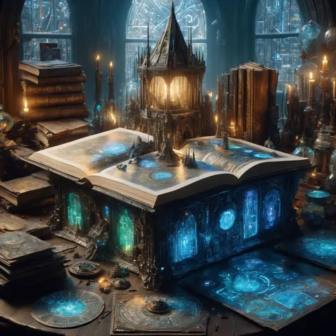 hyper detailed masterpiece, dynamic, awesome quality,DonMT3chW0rldXL High-tech wizard's lair with magical artifacts, holographic spell books, blending elements of magic and futuristic technology <lora:techworldxl:0.8>,