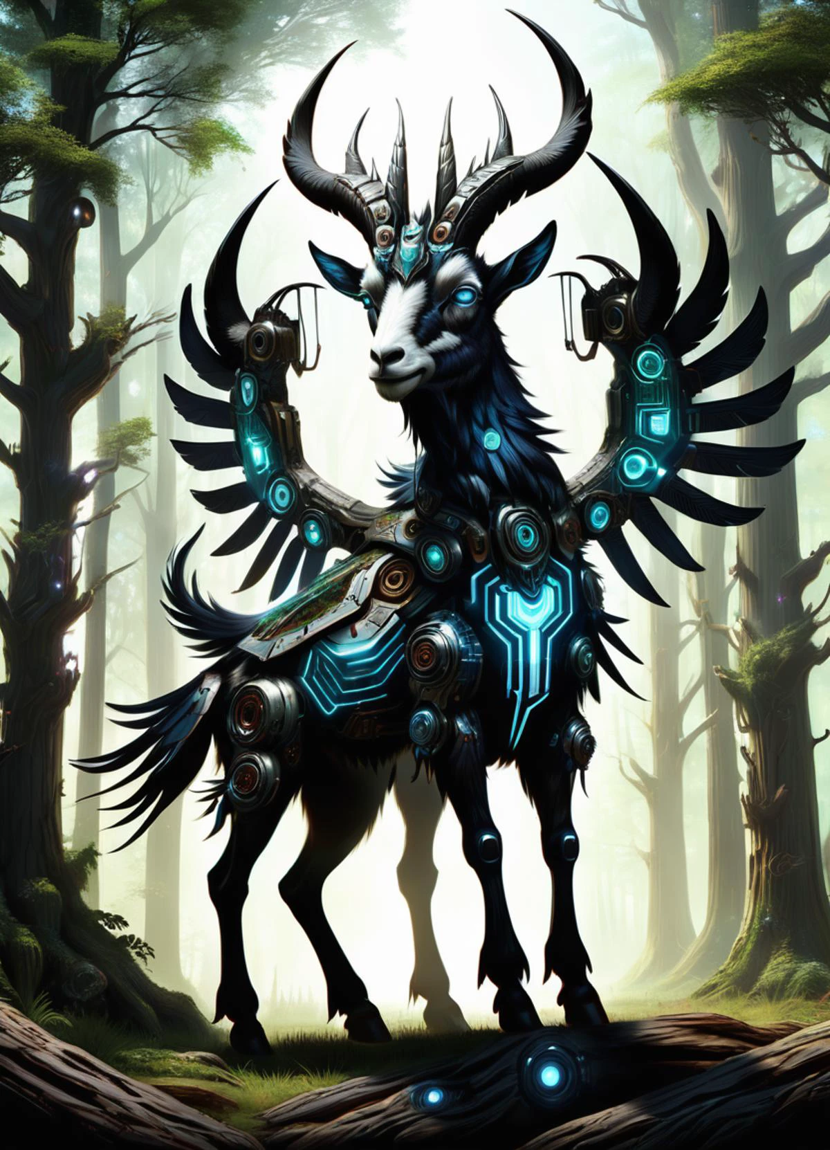 hyper detailed masterpiece, dynamic, awesome quality,DonMT3chW0rldXL thunderbird, human goat hybrid woodland creature, humanoid upper body, goat lower body, horns, goat ears, , hooved feet, playful mischievous expression, revelry, music, dancing, lively, hedonistic, gaseous,original,infested , tech, scifi, <lora:DonMT3chW0rldXL-000009:1>,