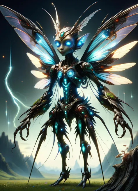 hyper detailed masterpiece, dynamic, awesome quality,DonMT3chW0rldXL gnome, tiny humanoid creature, delicate ethereal appearance, transparent iridescent wings, pointed ears, playful mischievous expression, colorful clothing, magical accessories, nature realm, benevolent, eroding,enthusiastic,polychromatic,cultural,rancid,auric,harrowing,minimalist , tech, scifi, <lora:DonMT3chW0rldXL-000009:1>,
