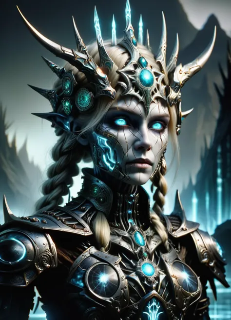 hyper detailed masterpiece, dynamic, awesome quality,DonMT3chW0rldXL female draugr, undead creature, reanimated corpse, decayed skeletal appearance, remnants of skin and flesh, viking armor, guardian graves and treasures, superhuman strength, ageless, taut, berber, steel gray eyes,   u-shaped chin,  uneven cheeks, unusual forehead, unusual face shape, well-formed back muscles,   , silver blonde crown braid hair, sadness, incantation pose, hands near mouth, casting powerful spells,     energy manipulator, time manipulation, stonepunk , gazing into a pool of scrying water, seeking visions of the future, radiant aura, tech, scifi, <lora:DonMT3chW0rldXL-000009:1>,