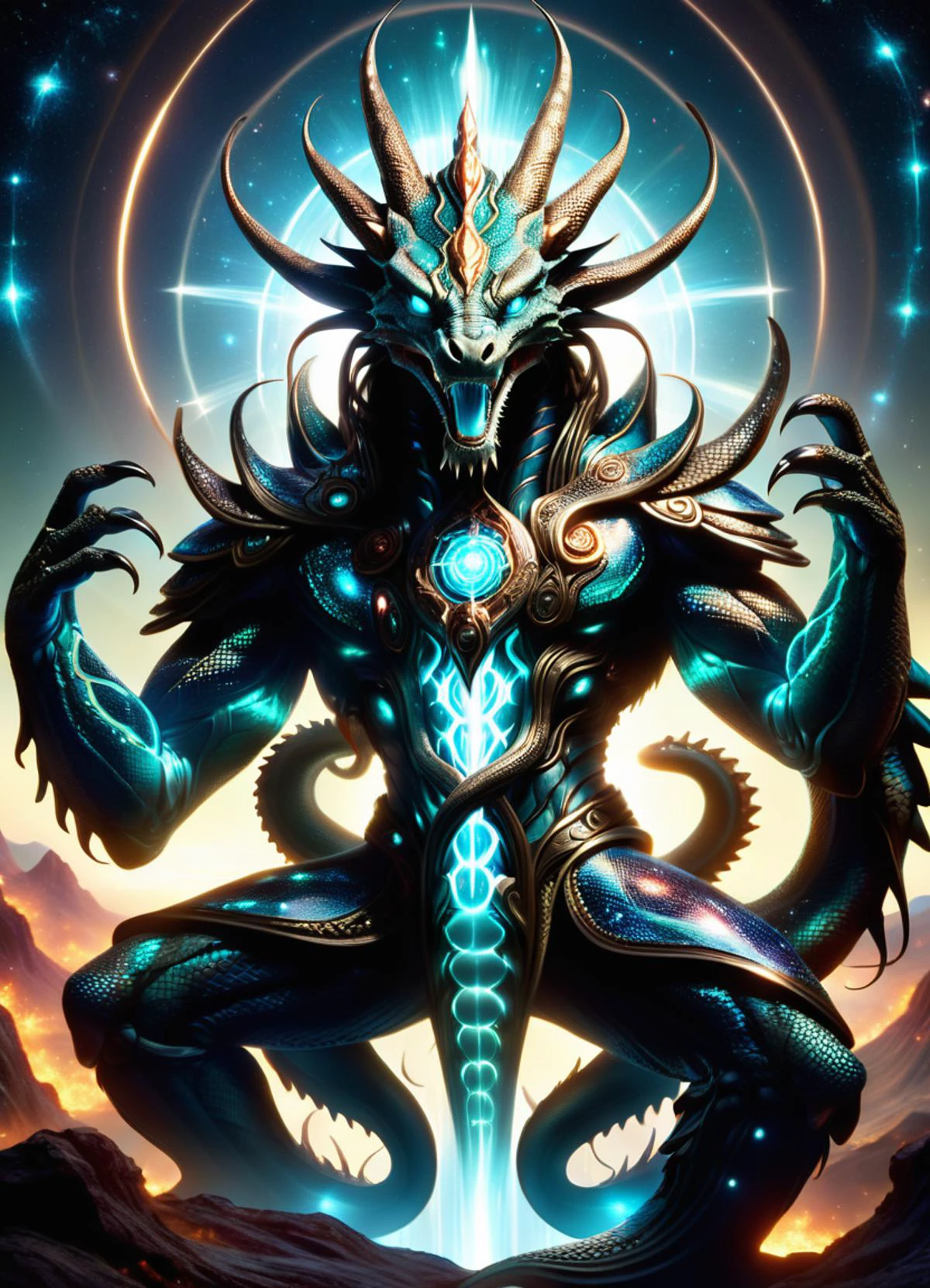 hyper detailed masterpiece, dynamic, awesome quality,DonMT3chW0rldXL male male naga, serpent mythical creature, human upper body, snake lower body, multiple snake heads, scaled snake skin, regal divine appearance, water, fertility, protection, powerful, senior muscular, south asian, turquoise eyes, attached ears, hollow cheeks, straight forehead, unique face shape, elegantly arched feet, , rose gold french crop hair, worry, celestial alignment, arms raised to the heavens, invoking cosmic energies, wearing track pants with side stripes, linen blazer, , glitter (drifting,cutting mat translation,rotation,tetrahedron,transcendent,magical,unearthly,time dilation,nebula,gaseous magic:1.0), sorcerer's gesture, one hand held aloft, magic emanating from fingertips, ethereal light, otherworldly glow, a community gathering, with people of all ages enjoying games, music, and food, tech, scifi, <lora:DonMT3chW0rldXL-000009:1>,