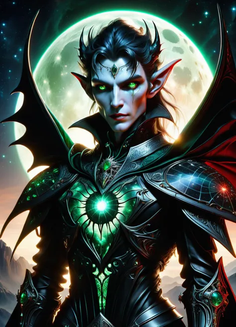 hyper detailed masterpiece, dynamic, awesome quality,DonMT3chW0rldXL male female vampire, legendary creature, force, power, blood, undead, beautyful, alluring, night, moon, fangs, fantasy, eighteen graceful, scandinavian, emerald eyes, cupped ears, bulbous nose, round chin with cleft, v-shaped jaw, smooth cheeks, heart face shape, expressive fingers, jaw, light black (soft black) tousled waves hair, surprise, examining star charts and astrological signs, seeking celestial guidance, wearing elven attire, cast (charmed,glamorous,luminescent,fishnet convection,whipping,hénon map,bose-einstein condensate,st. elmo's fire magic:1.0), connecting with the spirits of the land, becoming one with nature, enchanted moonlight, tech, scifi, <lora:DonMT3chW0rldXL-000009:1>,
