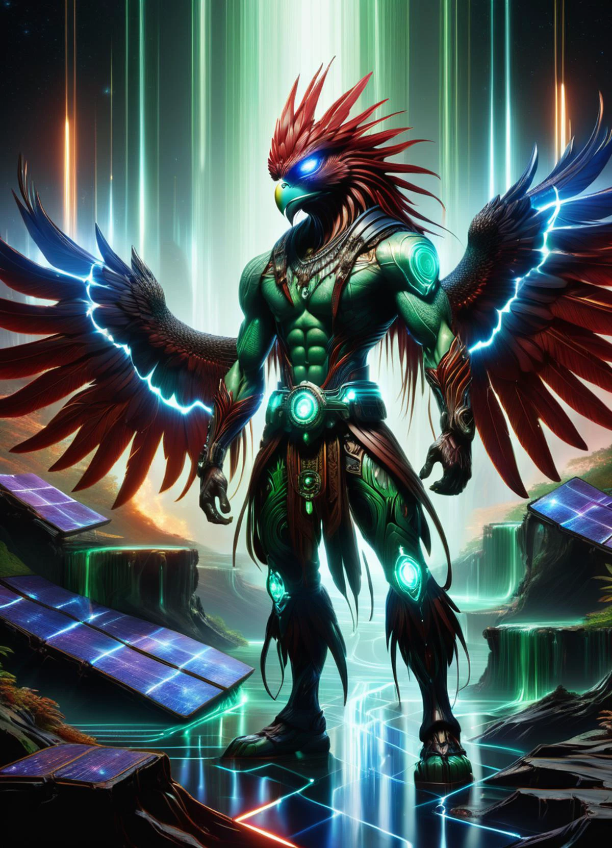 hyper detailed masterpiece, dynamic, awesome quality,DonMT3chW0rldXL male middle-aged dainty, native hawaiian, amber eyes, hawk-like nose, angular cheeks, broad forehead, oblong face shape, , mahogany slicked-back hair hair, affection, humming a melodious incantation, infusing magic with sound vibrations, wearing cobalt blue red shade slim-fit cargo pants, sleeveless muscle hoodie, manifest (wavy lines,holographic resonance,waterfall,drifting,superfluid,mauve,light green infuse,arcanist,magical magic:1.0), kneeling with arms outstretched, calling upon higher forces, otherworldly glow, enchanted inn of the traveler, ceramic tiles, oil lamps, rim lighting', tech, scifi, <lora:DonMT3chW0rldXL-000009:1>,