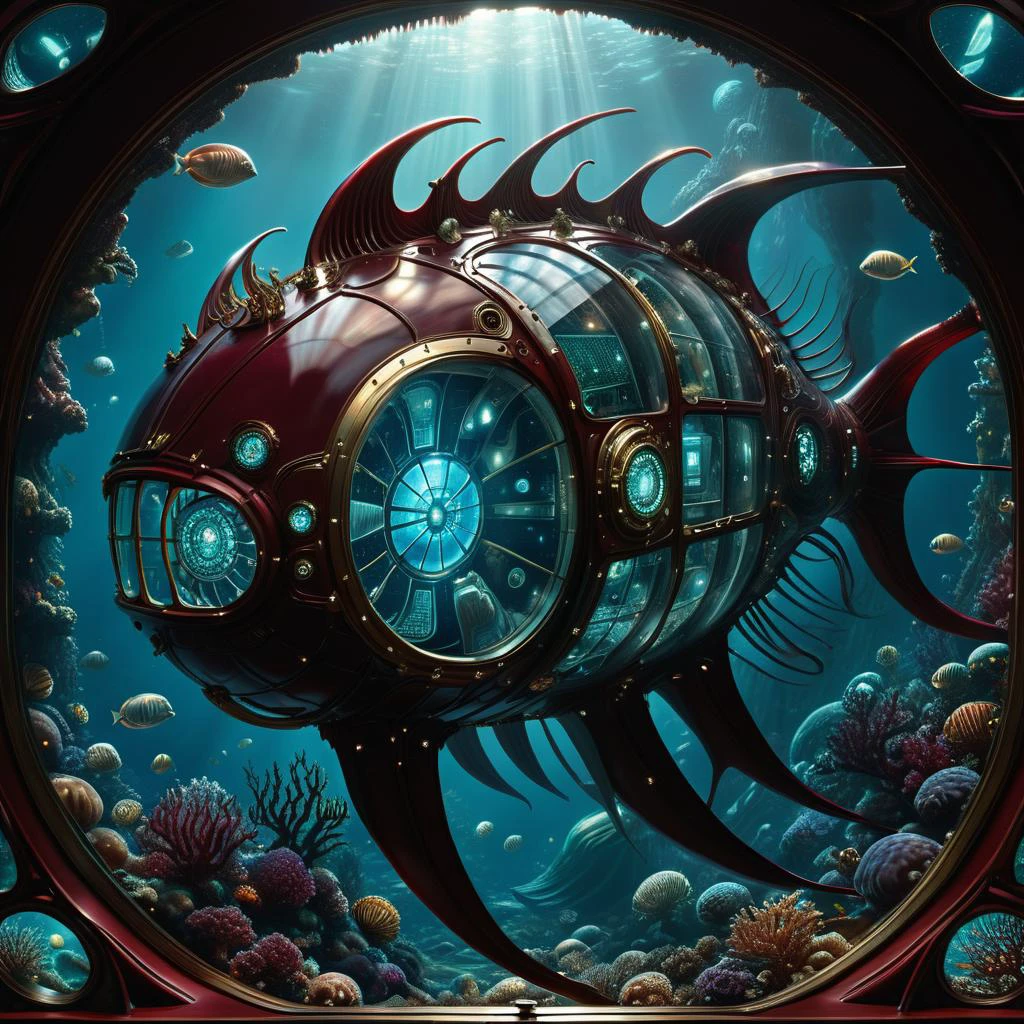 hyper detailed masterpiece, dynamic, awesome quality,DonMT3chW0rldXL medium nautilus (20,000 leagues under the sea), slit windows, brass, pristine, burgundy wine, glossy texture, <lora:DonMT3chW0rldXL-000009:1>