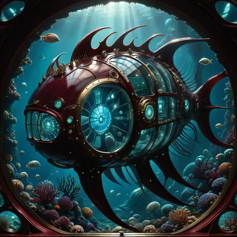 hyper detailed masterpiece, dynamic, awesome quality,DonMT3chW0rldXL medium nautilus (20,000 leagues under the sea), slit windows,     brass, pristine, burgundy wine, glossy texture,  <lora:DonMT3chW0rldXL-000009:1>