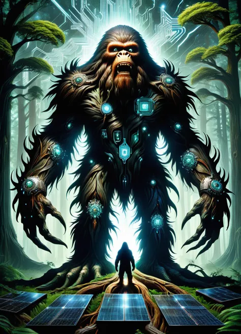 hyper detailed masterpiece, dynamic, awesome quality,DonMT3chW0rldXL sasquatch, herbaceous plant, human-like root, humanoid roots, magical mystical properties, scream, potent, mystical , tech, scifi, <lora:DonMT3chW0rldXL-000009:1>,