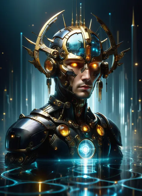 hyper detailed masterpiece, dynamic, awesome quality,DonMT3chW0rldXL male early twenties supple, russian, amber eyes, round chin with cleft, unusual jaw, symmetrical cheeks, oblong face shape, well-proportioned ears, , golden blonde modern slicked-back undercut hair, regret, gazing into a pool of scrying water, seeking visions of the future, alchemist, magnetism manipulation , dancing gracefully in a magical ritual, invoking the power of movement, ethereal light, tech, scifi, <lora:DonMT3chW0rldXL-000009:1>,