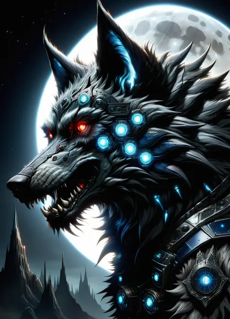 hyper detailed masterpiece, dynamic, awesome quality,DonMT3chW0rldXL werewolf, lycanthropes, mythical creature, humanoid wolf-like form, full moon, hairy furry skin, fangs, wolf ears, wolf-like face , tech, scifi, <lora:DonMT3chW0rldXL-000009:1>,