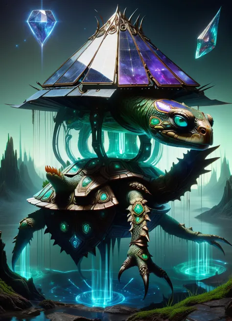 hyper detailed masterpiece, dynamic, awesome quality,DonMT3chW0rldXL female kappa, water dwelling creature, humanoid appearance with a turtle like shell, webbed hands and feet, mouth located on head, dishl-ike depression on its head holding water, greenish scaly skin, strength, mischievous, middle-aged, robust, european, violet eyes, folded ears, unique nose, pointed chin with cleft, chiseled jaw, low cheekbones,  diamond face shape with angular cheeks,    , mahogany retro curls hair, curiosity, conjuring a barrier with focused intent, protecting against attacks,     wearing  magician's banded skirt,  enchanted robes, gladiator sandals,   hypnotize (color calibration tool (for digital art) brownian motion,translation,ethereal duality,spiral lines,parallel liness,sinkhole,liquid crystal,flecked enthrall,shimmering ,sorcerous,bewitching,transcending,cuboid,heart magic:1.0), consulting with enchanted creatures, seeking their wisdom and guidance, otherworldly glow, celestial atlas of mythos, fiber cement siding,pumice stone,plastic lumber,slate tiles roof, torches (traditional or modern), landscape lighting, tech, scifi, <lora:DonMT3chW0rldXL-000009:1>,
