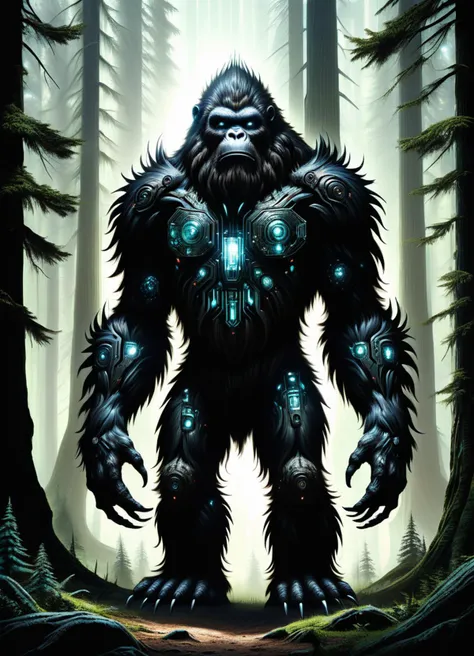 hyper detailed masterpiece, dynamic, awesome quality,DonMT3chW0rldXL sasquatch, cryptid large humanoid ape-like creature, dark fur, stands upright, , elusive, mysterious, forest-dwelling, babbling , tech, scifi, <lora:DonMT3chW0rldXL-000009:1>,