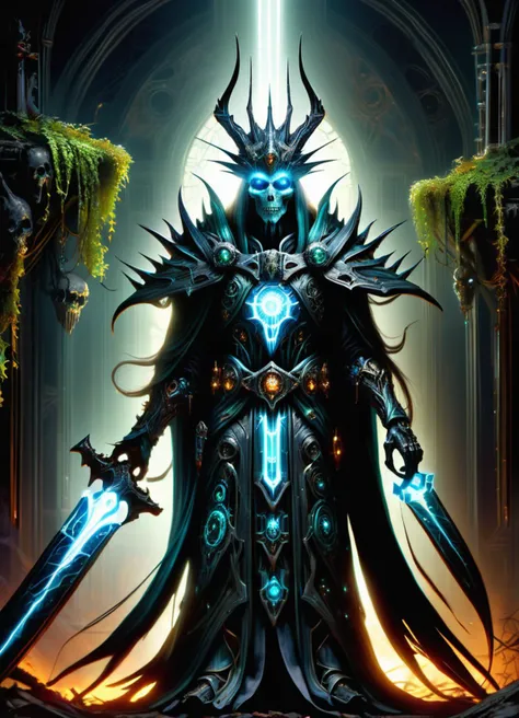 hyper detailed masterpiece, dynamic, awesome quality,DonMT3chW0rldXL female male  lich, undead sorcerer, mummified appearance, regal robes, staff, glowing eye sockets, no life, no flesh,  aura of necromancy. immortality, dark rituals, powerful, malevolent,  ancient formidable spellcaster, necromancy, dark magic, middle-aged, lithe, polynesian, chestnut eyes, unusual ears, narrow nose,   high cheekbones, asymmetrical forehead,    scars, aqua undercut hair, laugh, leaping in mid-air, casting a counter-spell,  nanomancer, technology manipulation, nanopunk , conjuring a barrier with focused intent, protecting against attacks, halo, ethereal light, a decrepit, abandoned mansion with boarded-up windows and overgrown ivy, tech, scifi, <lora:DonMT3chW0rldXL-000009:1>,