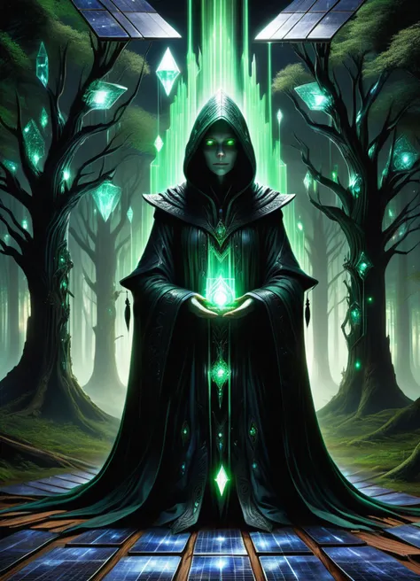 hyper detailed masterpiece, dynamic, awesome quality,DonMT3chW0rldXL female dementor, dark hooded floating humanoid entity, cloaked in tattered hooded robes, ghostly diffuse lower body, face hidden under hood, no distinct features, drains happiness and positive emotions, cold despair inducing aura, soul sucking kiss, fear, despair, darkest aspects of magic, midlife, refined, indigenous peoples of the america, steel gray eyes, narrow nose, smooth cheeks, receding forehead, square face shape, , green mohawk hair, affection, experimenting with potions and elixirs, seeking new magical brews, high priest, hydrokinesis , crystal attunement, holding crystals to amplify magical energy, enchanted moonlight, enchantress' forest retreat, wood shingles or shake roof,lapis lazuli,ceramic tiles, twilight,moonlight, neon lights, tech, scifi, <lora:DonMT3chW0rldXL-000009:1>,