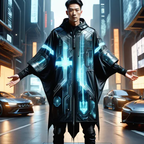 hyper detailed masterpiece, dynamic, awesome quality,DonMT3chW0rldXL roomy upper body clothing, levitating composite, nanofiber-reinforced plastics, dolman sleeves, high-low hemline, drop waist, tinted wash,,chest pockets,,high slit, zipper closure <lora:DonMT3chW0rldXL-000009:1>,