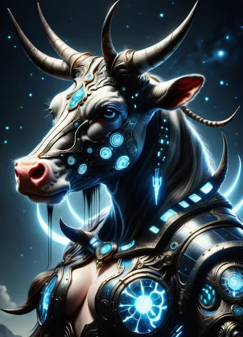 hyper detailed masterpiece, dynamic, awesome quality,DonMT3chW0rldXL wisp, mythical creature, body of a woman, cow tail, bull horns, cow spots, gentle, friendly, large breasts, greek mythology , tech, scifi, <lora:DonMT3chW0rldXL-000009:1>,