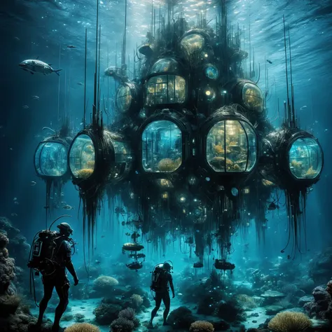 hyper detailed masterpiece, dynamic, awesome quality,DonMT3chW0rldXL Advanced bioluminescent underwater city with biomimetic architecture, high-tech diving suits, and genetically modified inhabitants<lora:techworldxl:0.8>,