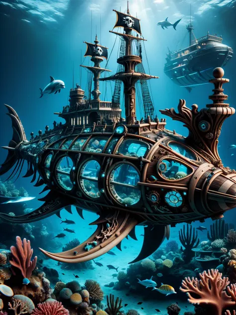 woodfigurez, An underwater scene with wooden carved dolphins, coral reefs, and a sunken pirate ship <lora:woodfigurez-sdxl:1> mixed with cyber elements, neon and futuristic tech, dynamic, cinematic, masterpiece, intricate.<lora:techworldxl:0.85>