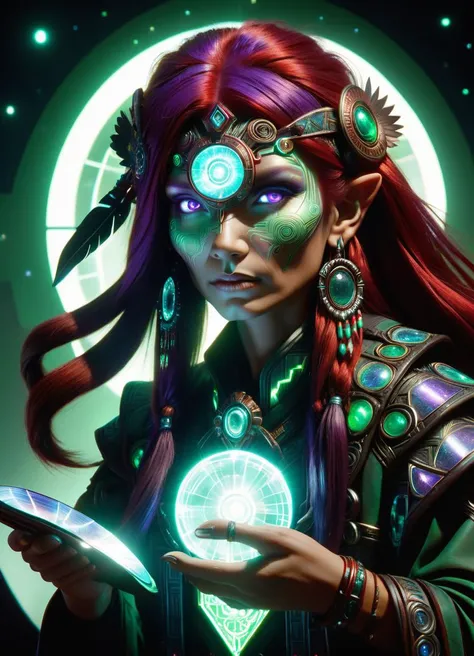 hyper detailed masterpiece, dynamic, awesome quality,DonMT3chW0rldXL female middle-aged, lithe, native american, violet eyes, folded ears, overbite jaw, full cheeks, bold and colorful makeup , ruby red layered haircut hair, pride, holding a magnifying glass to inspect details, examining magical artifacts, wearing alchemist ensemble, slingback pumps, mesmerize (holographic simulation construction planning brownian motion,rotation,light green otherworldly,captivating,sorcery ,swirling,colloids,ellipsoid,northern lights,spellbound,enigmatic,enchanting,rhombus,vertical lines magic:1.0), mystic gesture, hands extended in arcane symbols, enchanted moonlight, tech, scifi, <lora:DonMT3chW0rldXL-000009:1>,