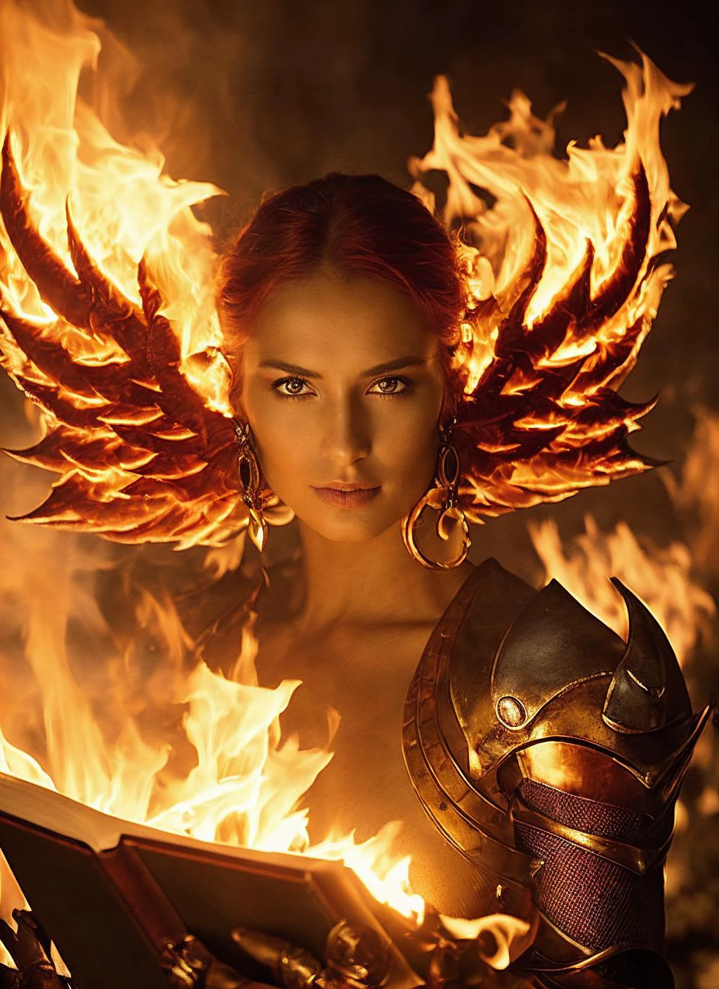 flmngprsn flames, epic fantasy book burning, epic (photo, studio lighting, hard light, sony a7, 50 mm, hyperrealistic, big depth of field, mate skin, pores, wrinkles, concept art, colors, hyperdetailed, hyperrealistic) <lora:locon_flmngprsn_v1_from_v1_64_32:0.7>