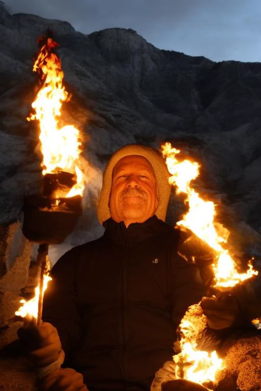 a man holding a fire stick in front of a mountain